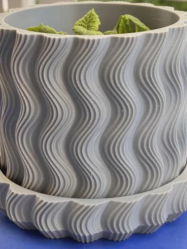 Wavy Ribbed 3D Printed Planter with Saucer by HappyLayer
