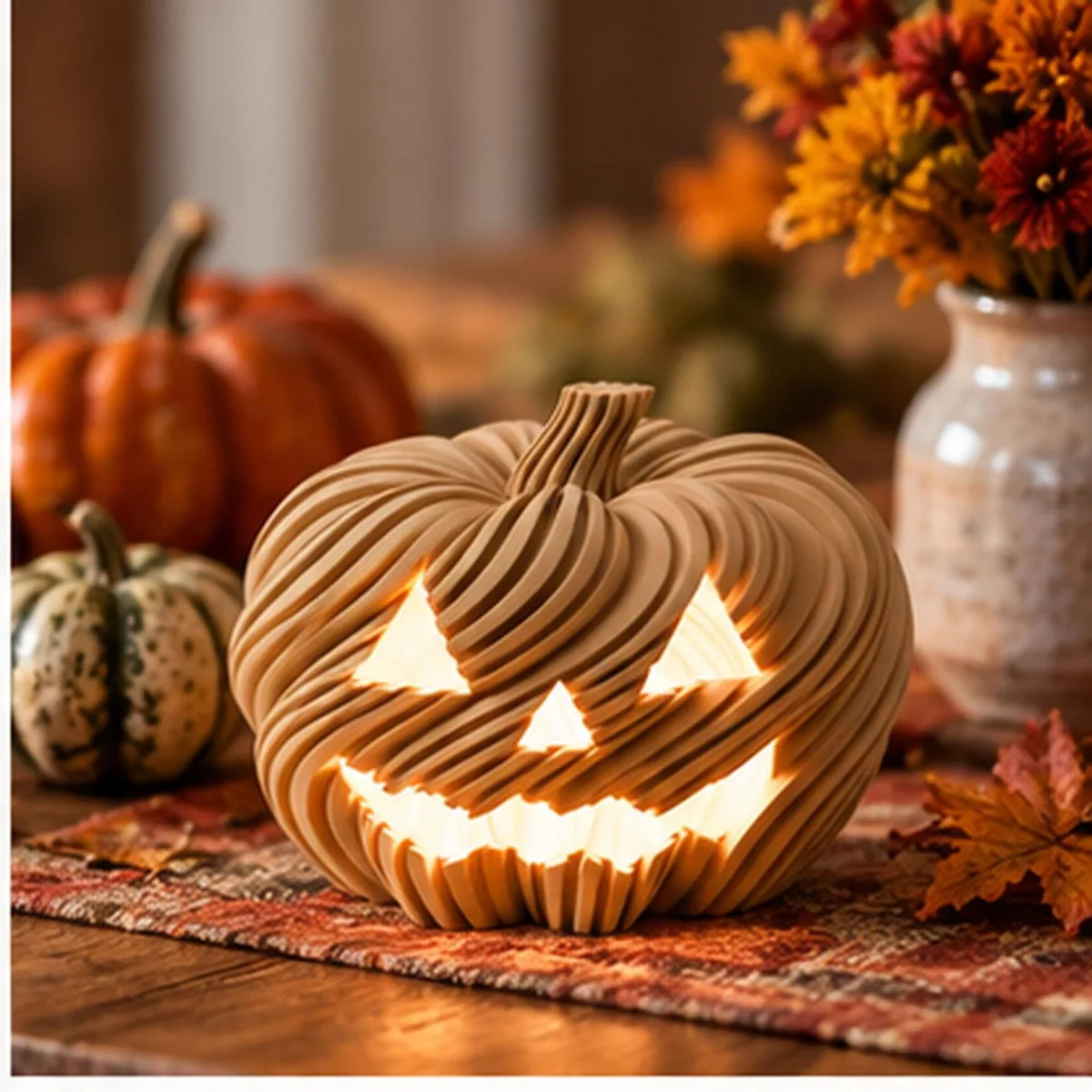 3D Printed Twisted Pumpkin Jack O Lantern Tealight Holder - handmade by HappyLayer