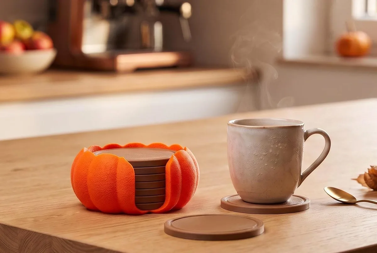 3D Printed Pumpkin Coaster Set with Holder - handmade by HappyLayer