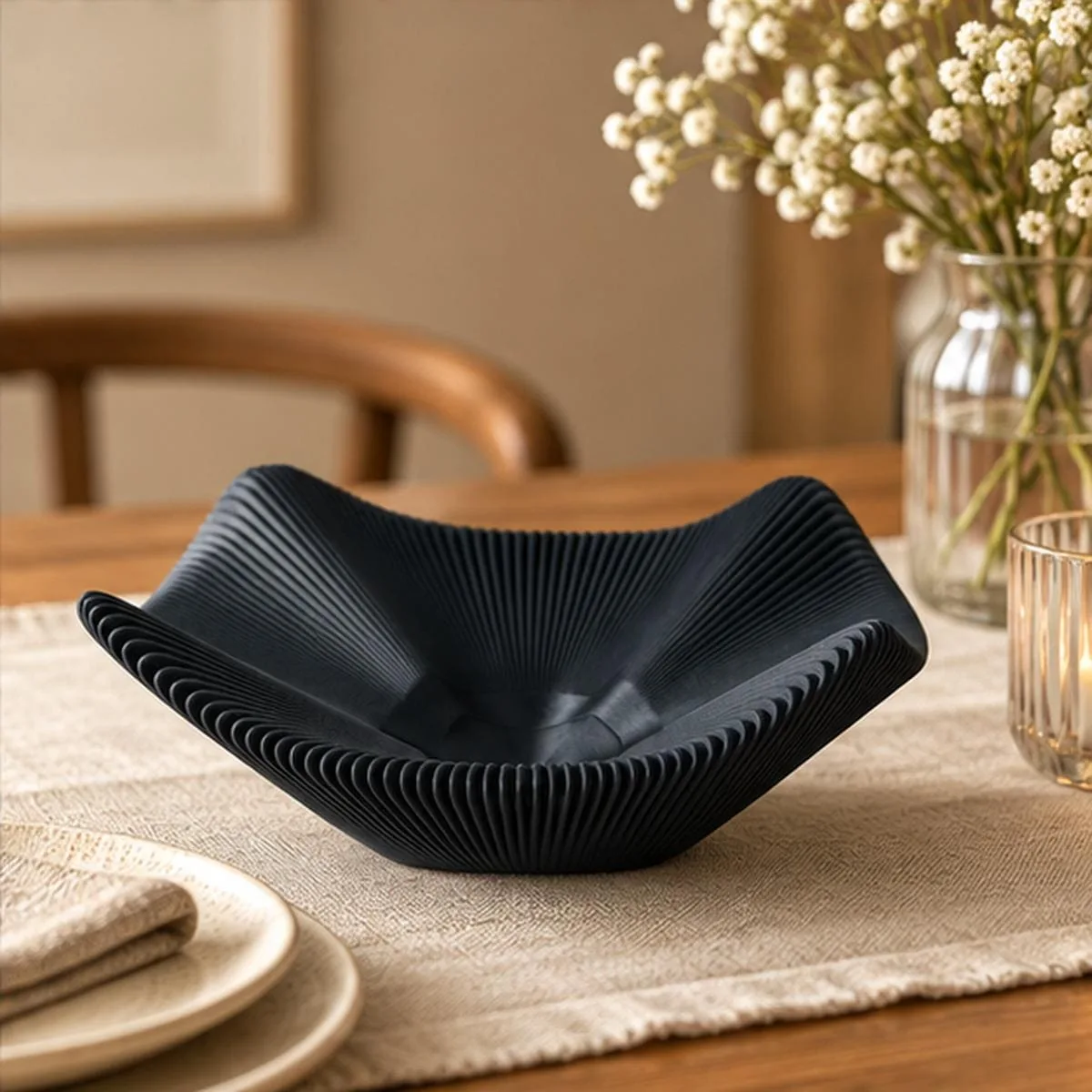 3D Printed Black Pleated Bowl - handmade by HappyLayer