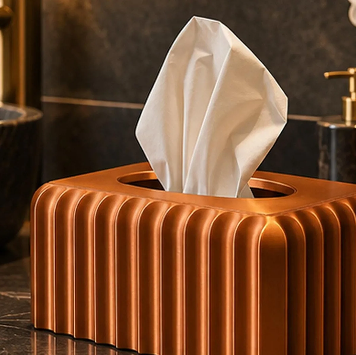 3D Printed Ribbed Copper Tissue Box Cover - handmade by HappyLayer